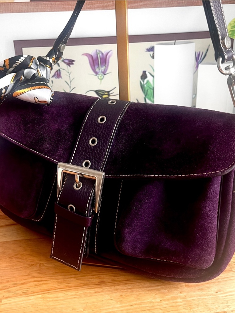 Vintage Purple Genuine Suede Leather Shoulder Bag Made In Italy - Picture 6 of 16